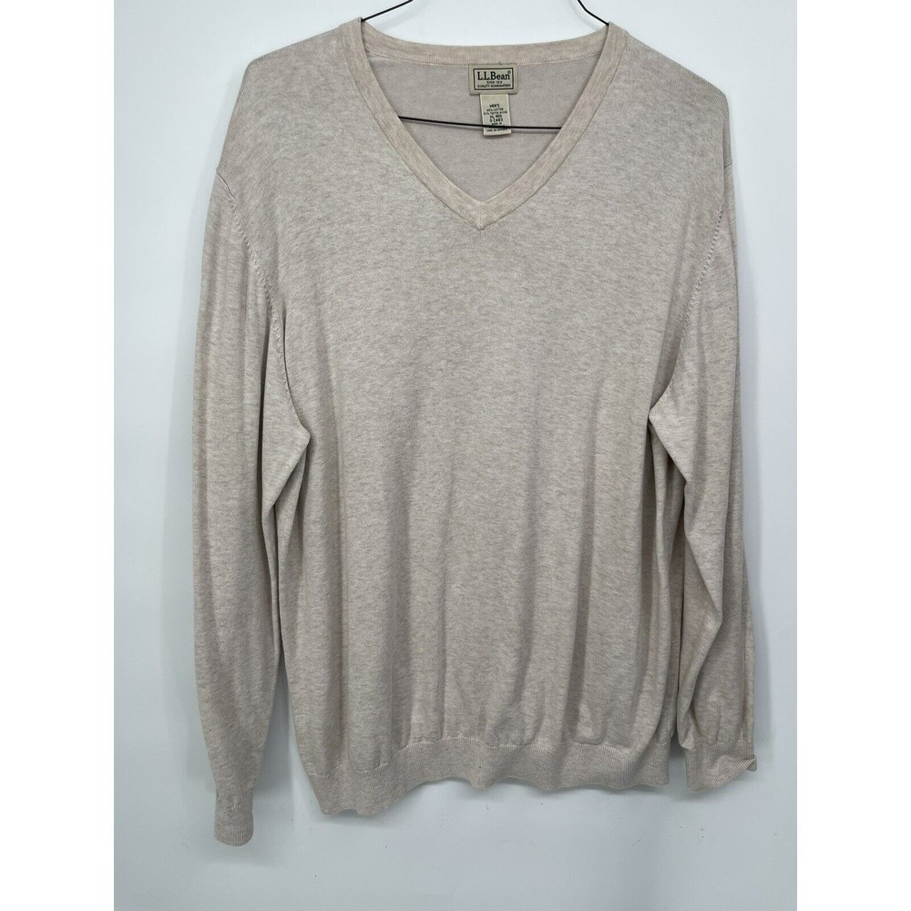 LL‎ Bean XL V-Neck Sweater Mens Oatmeal Excellent Cotton Nylon Pullover O CAB3
